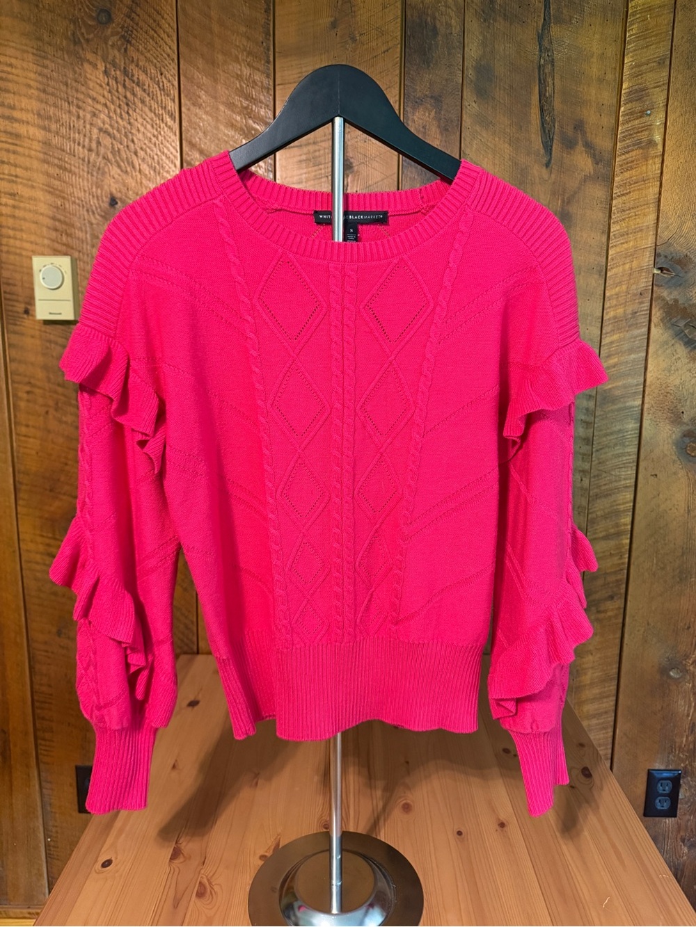 NWT White House Black Market Pink Cable Knit Ruffle-Sleeve Sweater Coquette S